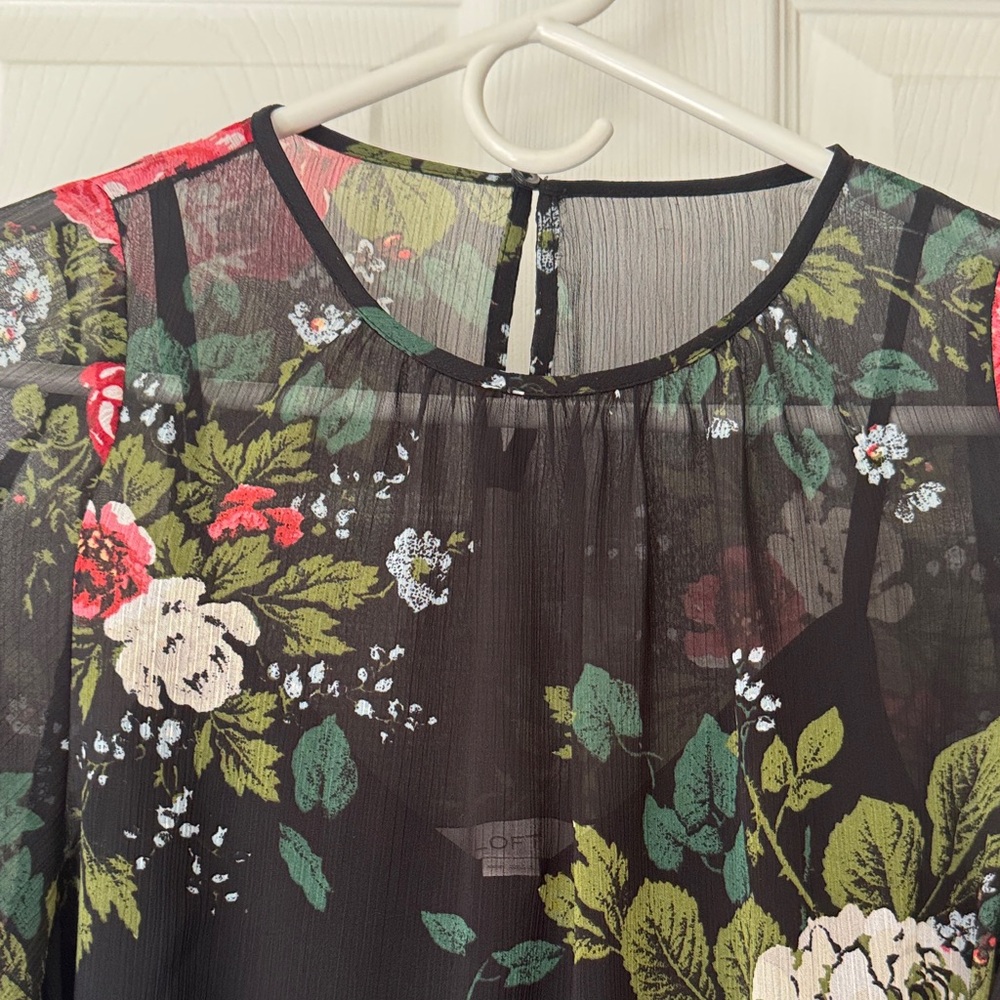 LOFT Black Sheer Mini Dress with Green and Pink Floral Print
